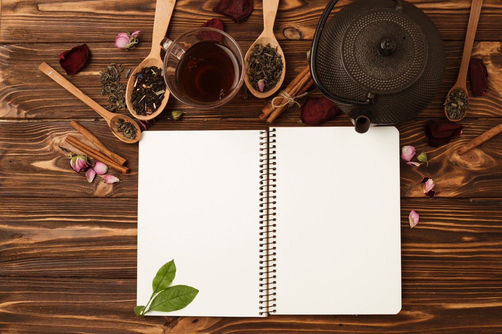 Carnet vierge ouvert sur une table en bois, prêt à accueillir votre bibliothèque de repas